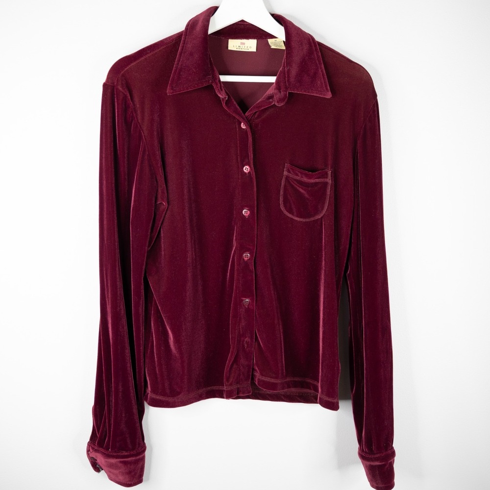 Vintage Limited America Velvet Button‎ Up Shirt Womens Medium Burgundy Stretch